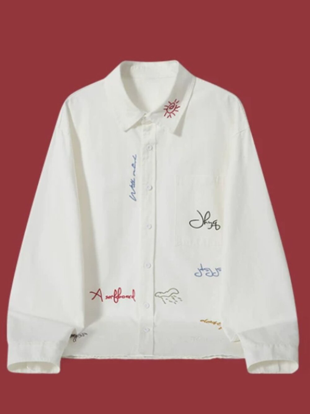 White Handwritten Scribble Embroidery Shirt